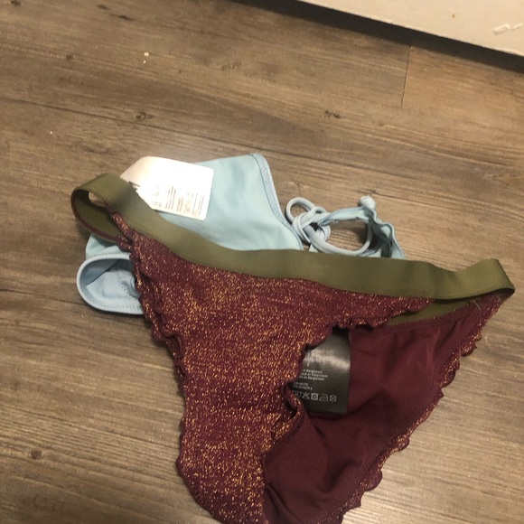 H & M Two Pieces Bikini Set Blue String & Maroon Glitter Striped Badeau Size 2 - Picture 9 of 10